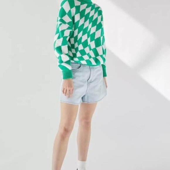 Lisa Says Gah Green Warped Psychedelic Checkered Cropped Sweater Sz XS/S - Picture 2 of 7